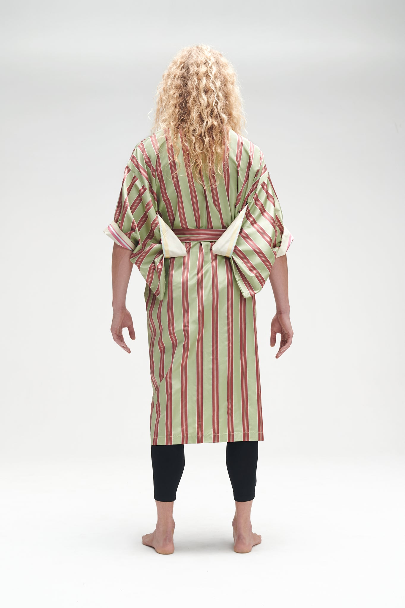 Green and maroon striped silk Kimono