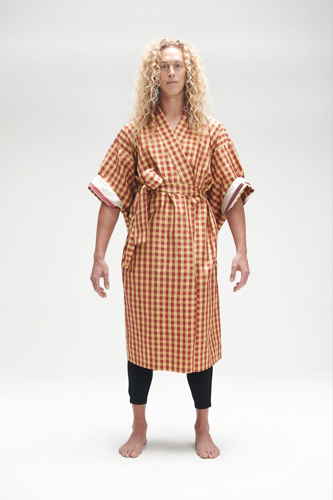 Yellow and red gingham silk Kimono