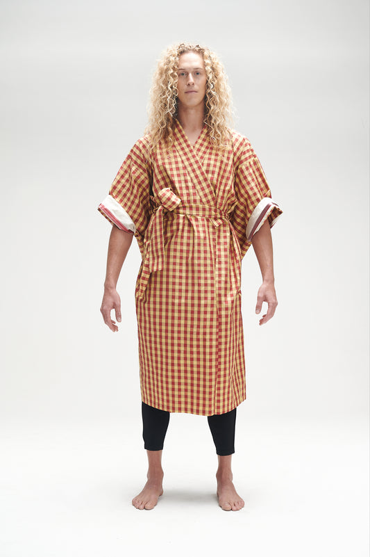 Yellow and red gingham silk Kimono