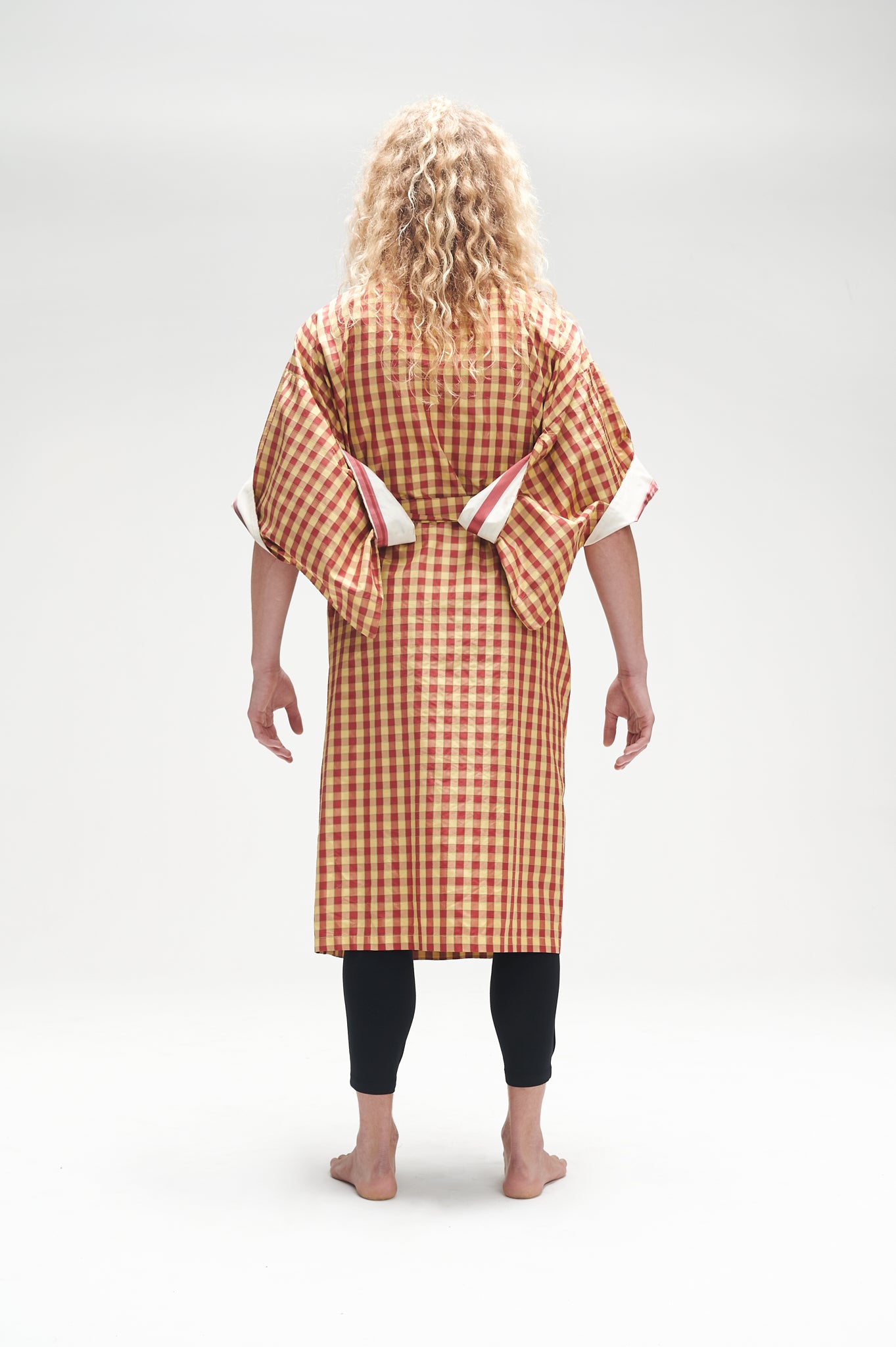 Yellow and red gingham silk Kimono