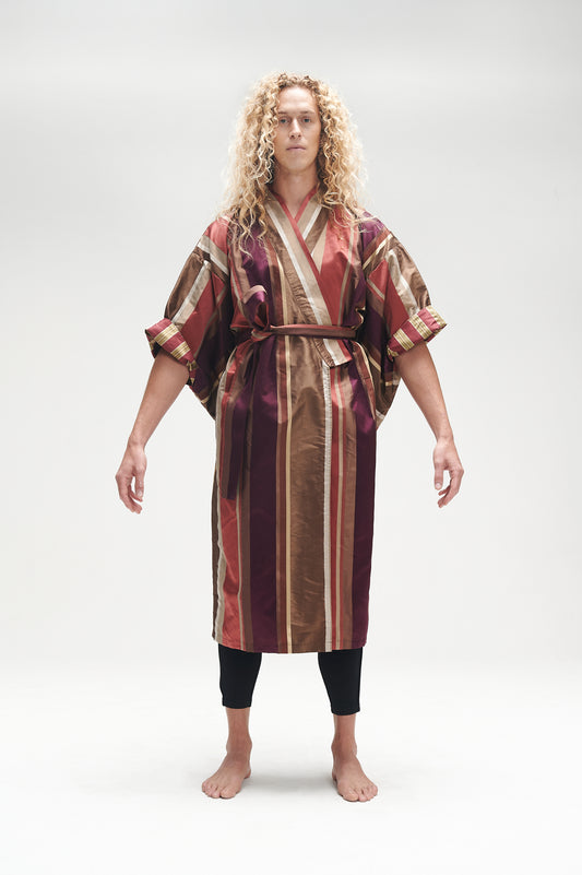 Maroon, brown and gold striped silk Kimono
